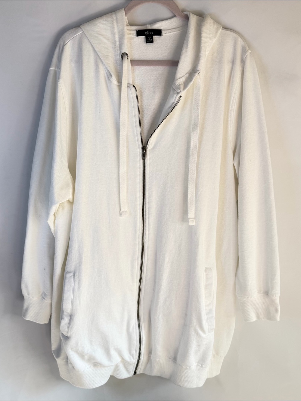 Ellos Women's 2XL 26-28 White Full Zip Hooded Sweatshirt Pockets Soft Tie Hood